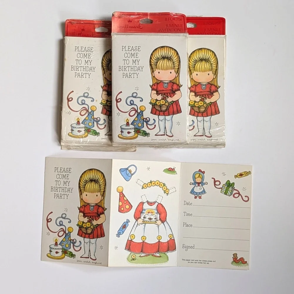 Vintage 70s Hallmark Paper Doll Punch Out Birthday Party Invitations Sealed